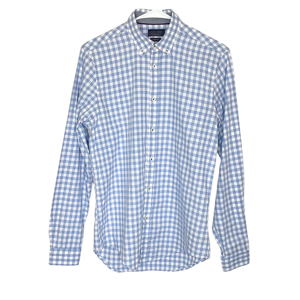 Zara Man Slim Fit Blue & White Check Button Down Shirt Small